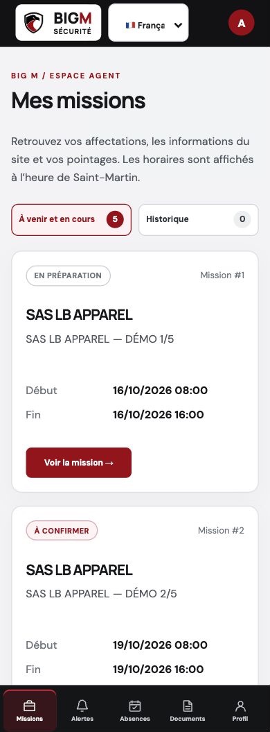 Aperçu de l’espace agent mobile de la démonstration Sécurité